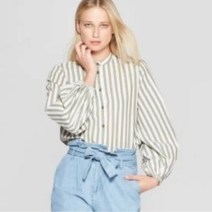 Who What Wear Forest Green White Striped Puffy Sleeve Blouse Size XXL